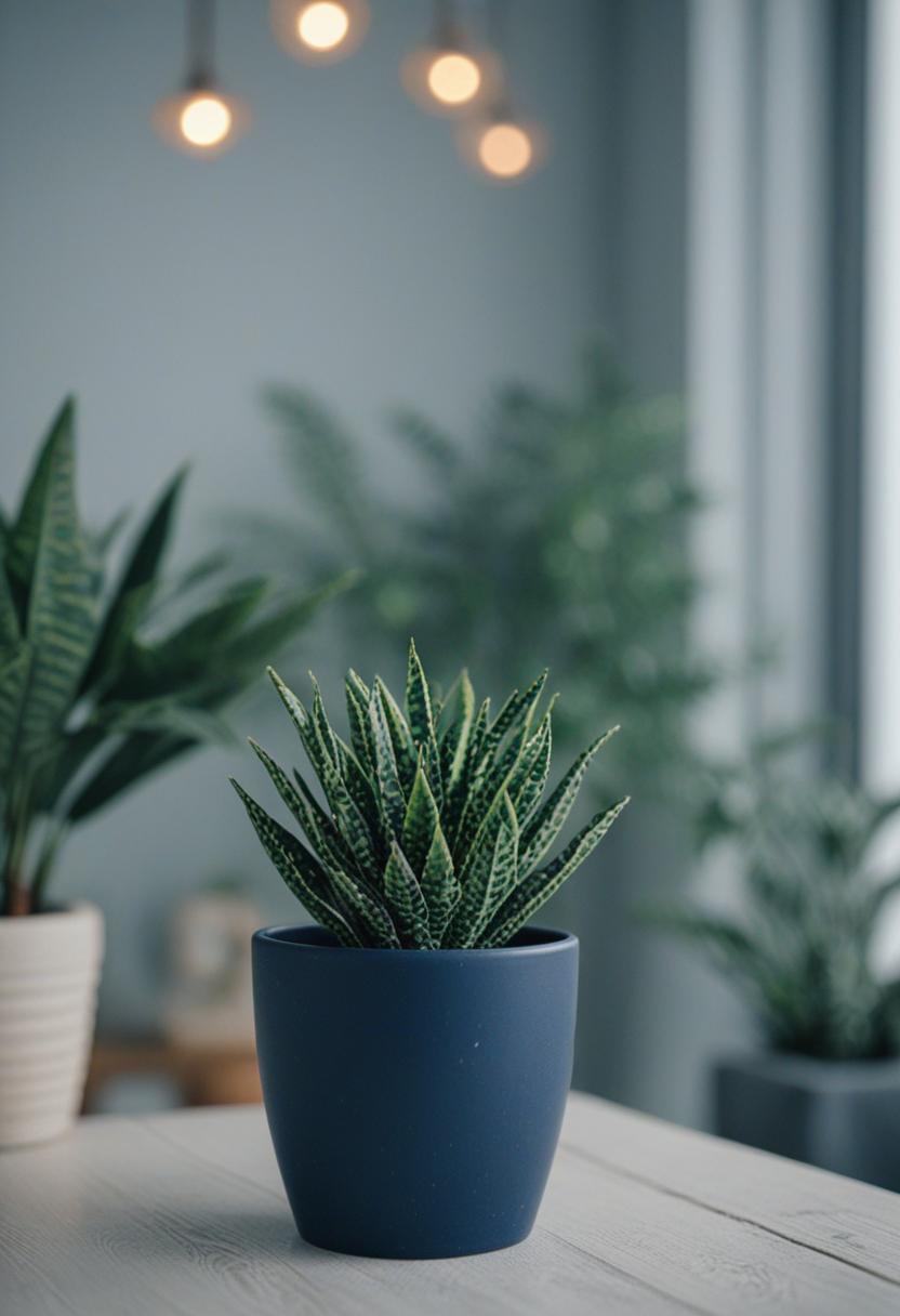 Navy blue plants in a serene, stylish indoor setting.
