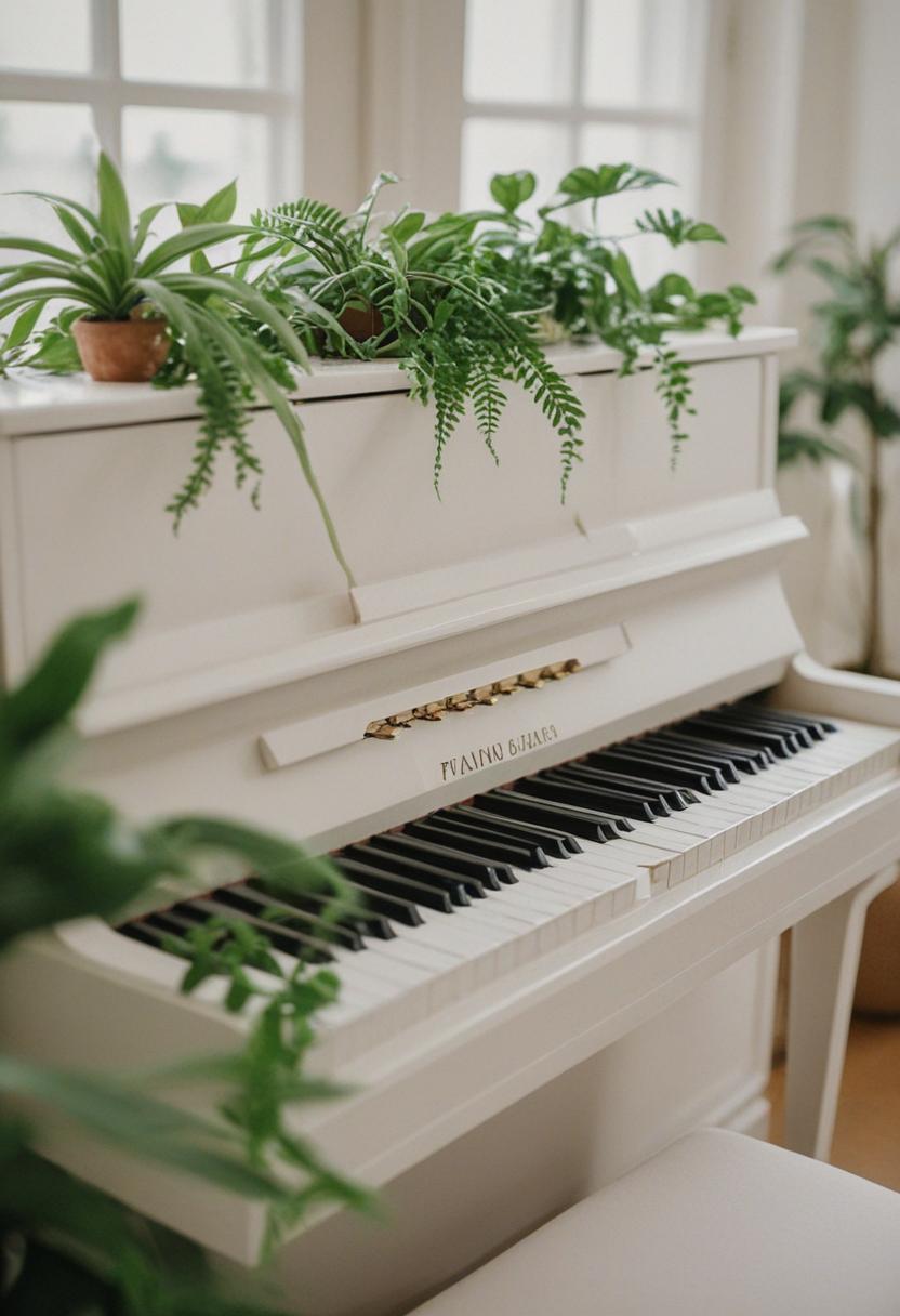 Piano keys and greenery in a serene arrangement.