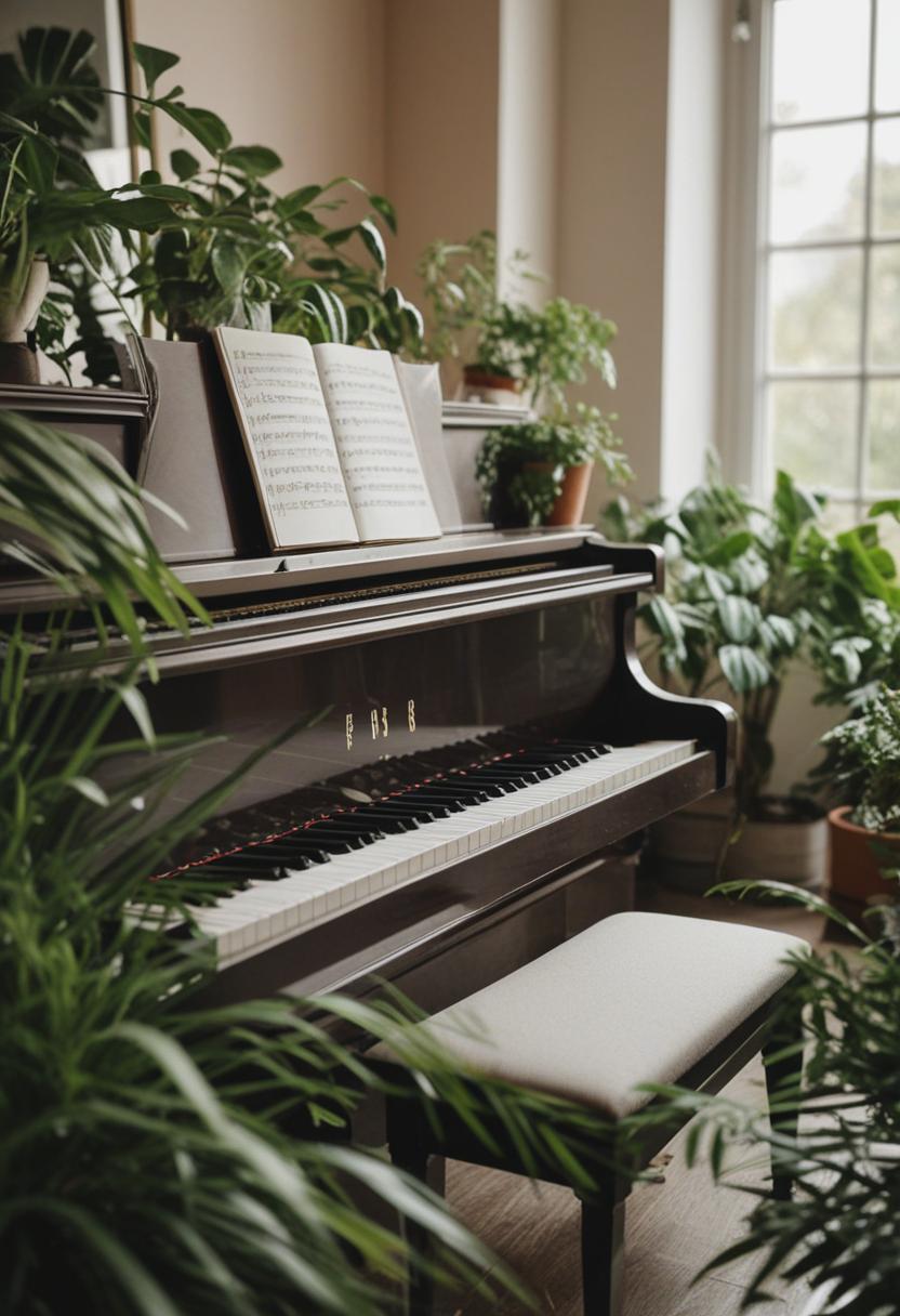 Piano-themed plants in a cozy, aesthetic setup.