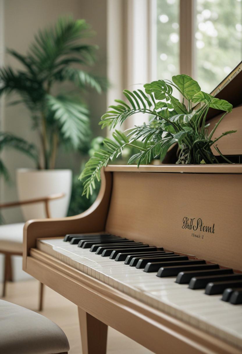 Piano-themed plants in a cozy, aesthetic setup.