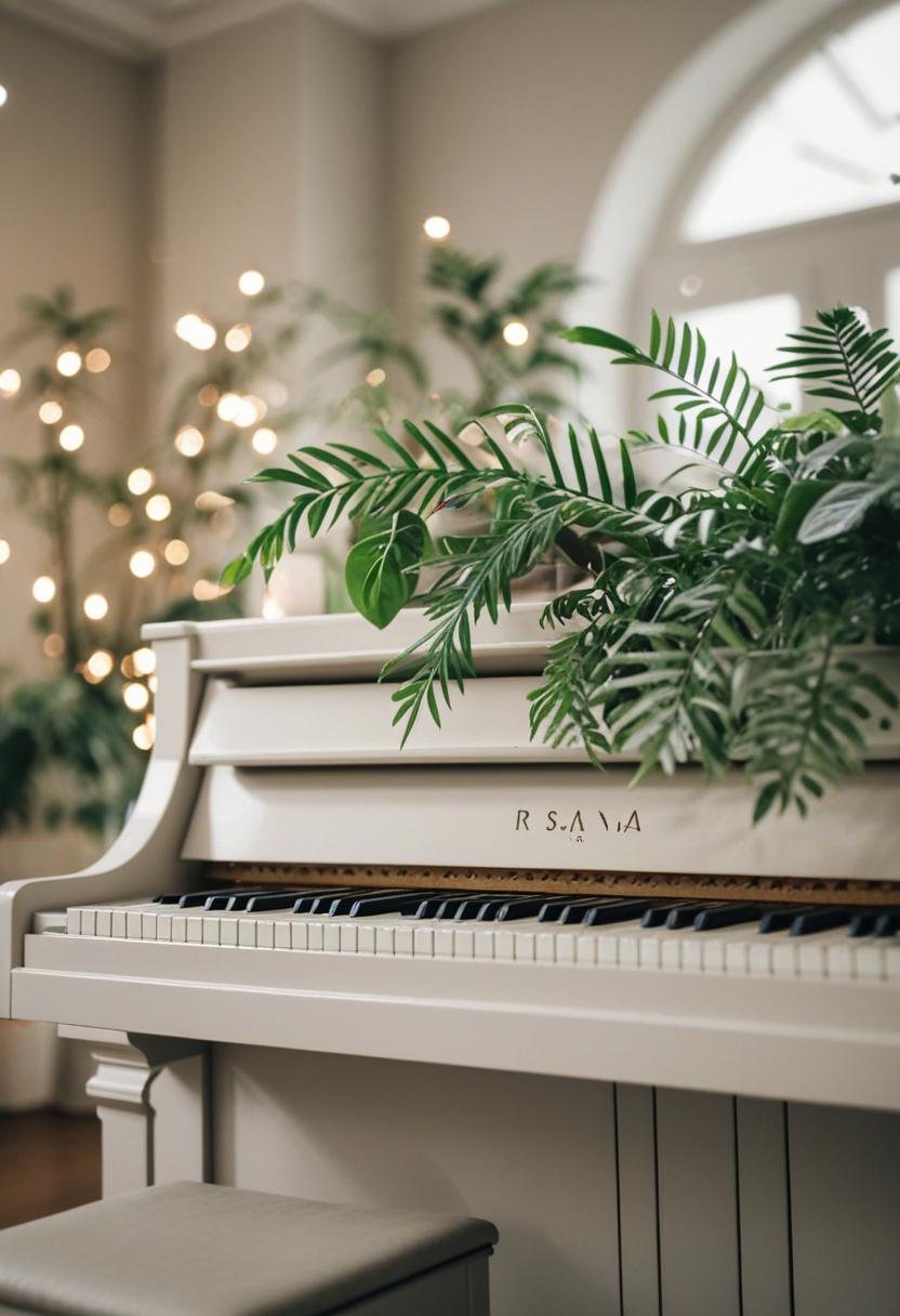 Piano-themed plant with green leaves and wooden texture.