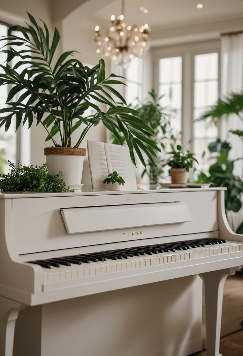 Elegant piano-themed plant arrangement.
