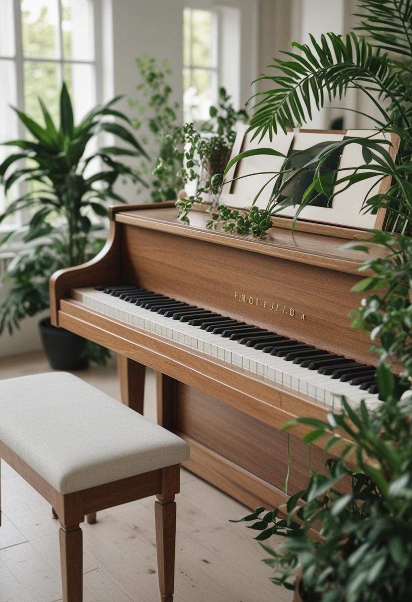 Piano-themed plant with lush greenery and vintage charm.