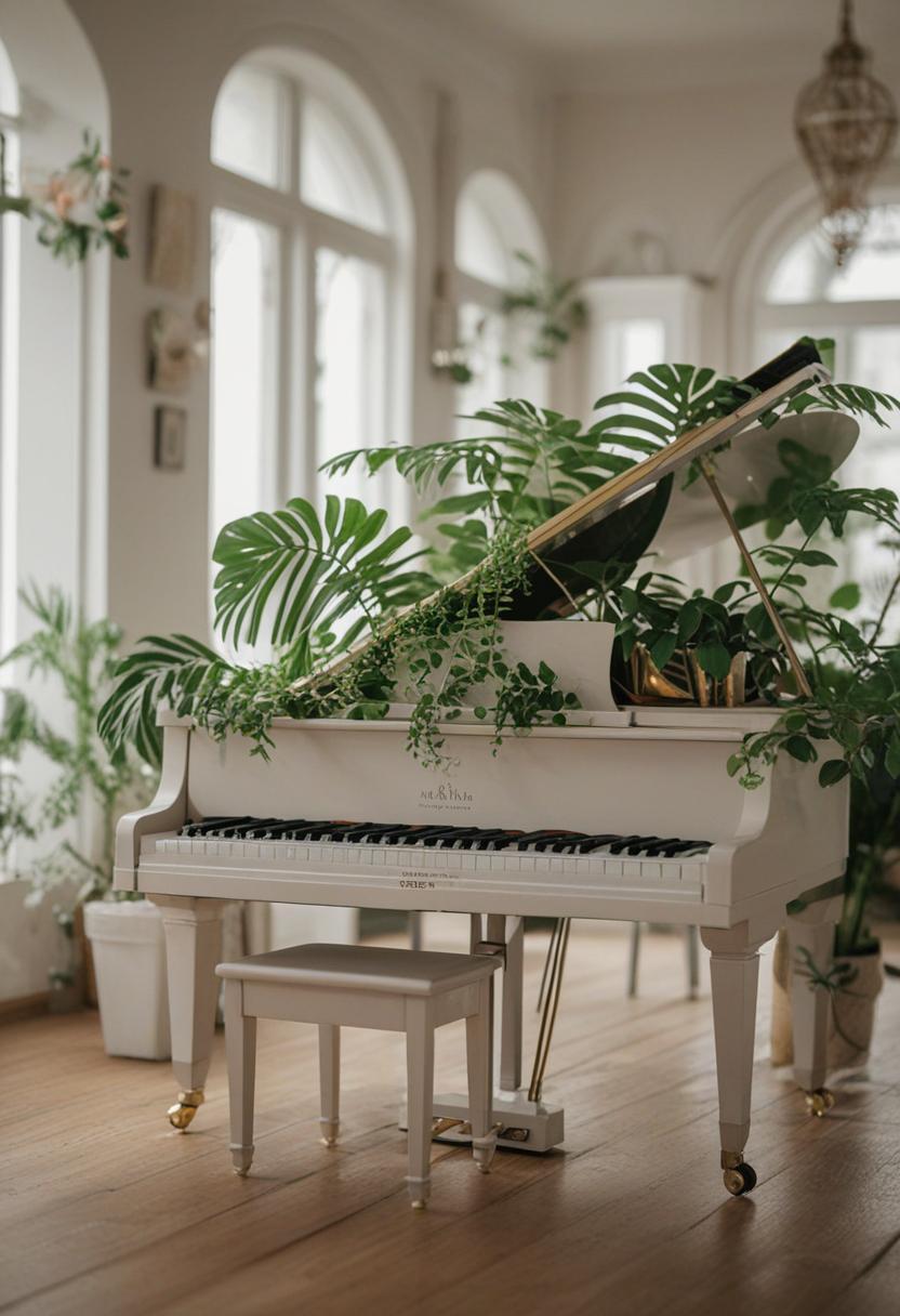 Piano keys among lush green plants.