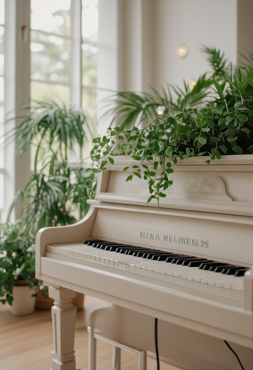 Piano keys and greenery in a serene arrangement.
