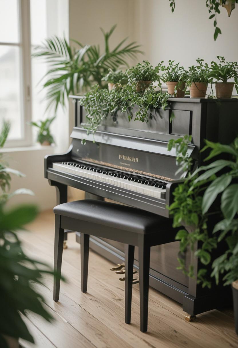 Piano-themed plants in a cozy, elegant setup.