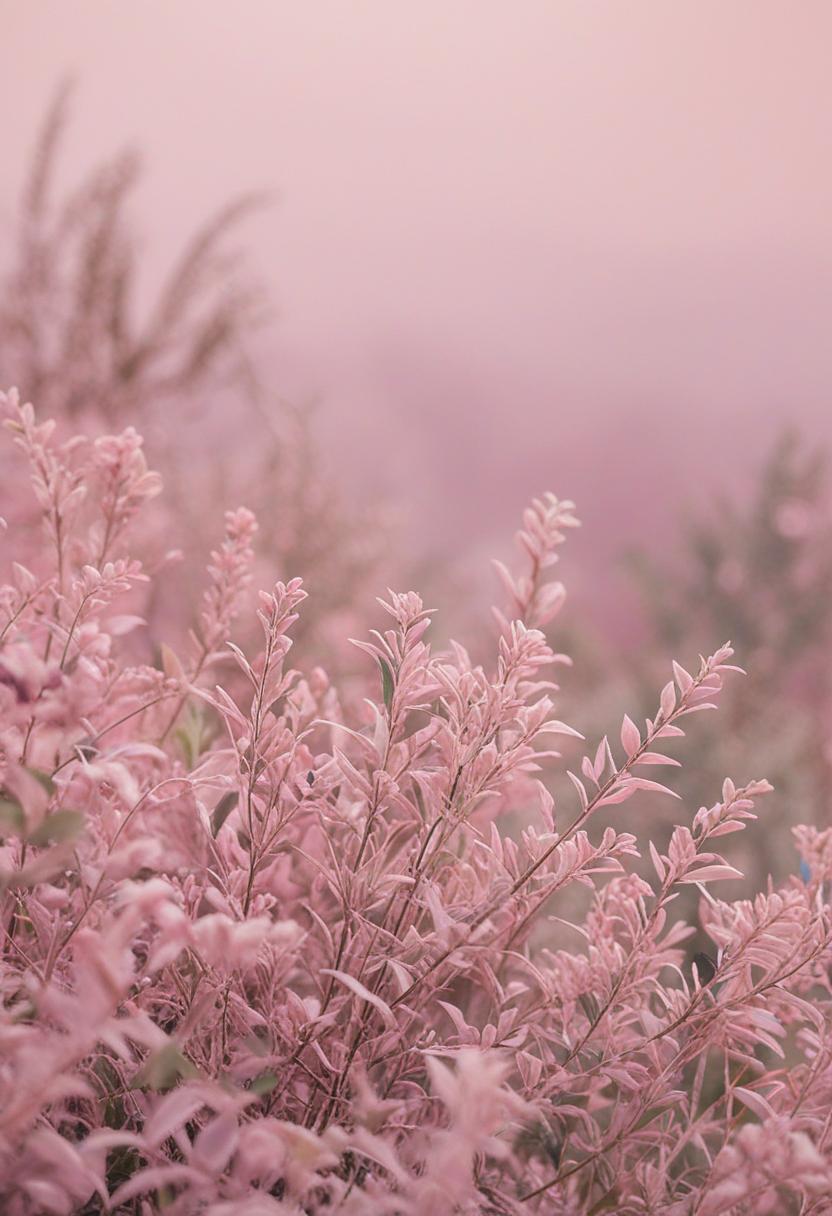 Pastel pink plants in a soft, whimsical arrangement.