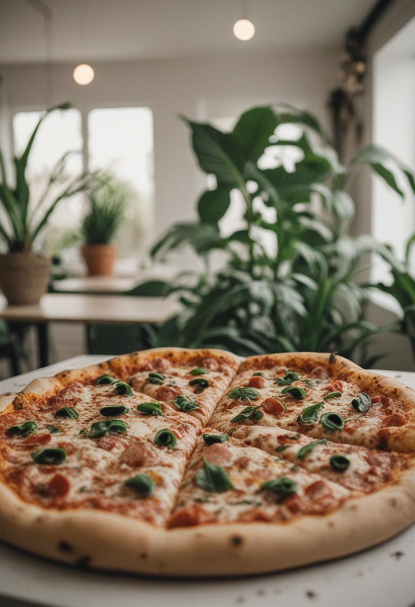 Greens and pizza slices in a cozy, whimsical plant setup.