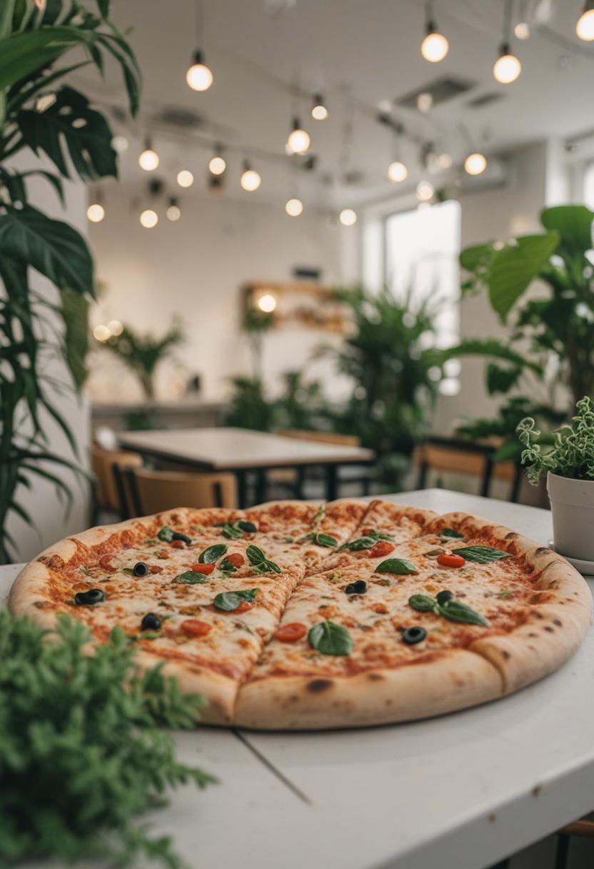 Greens and pizza slices create a quirky plant display.