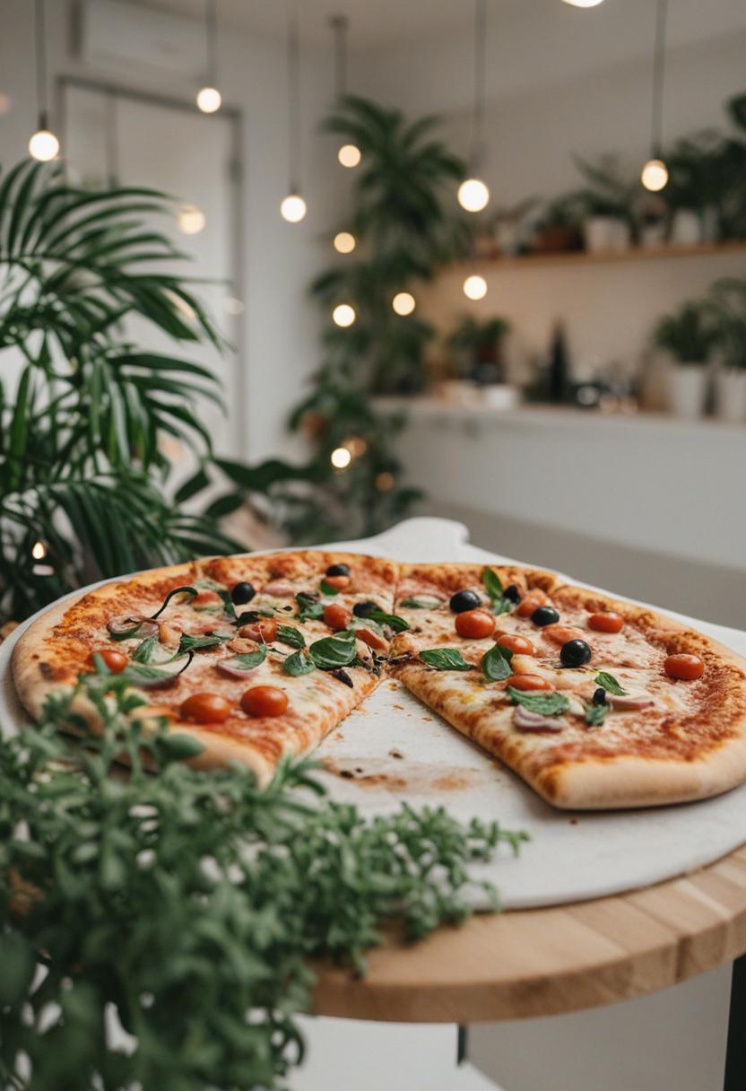 Greens and pizza slices in a vibrant plant setup.