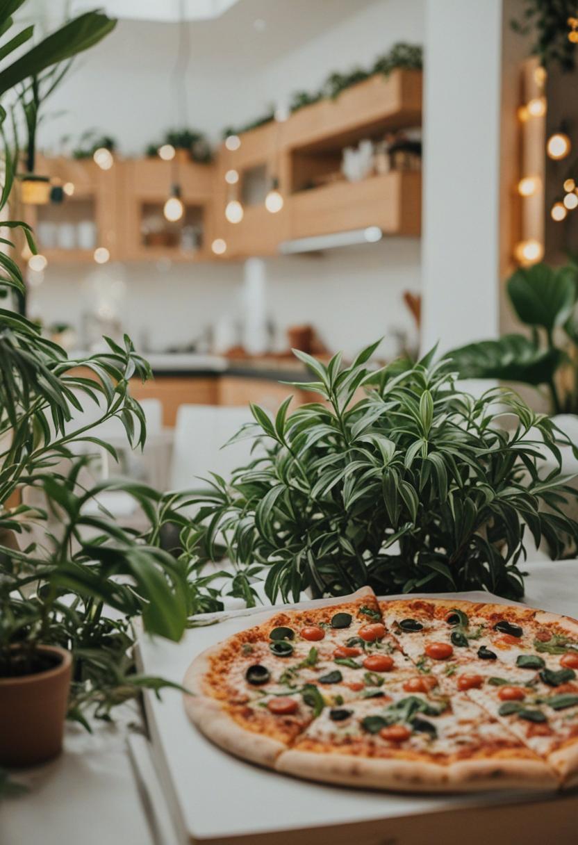 Crisp pizza slices among lush green plants.