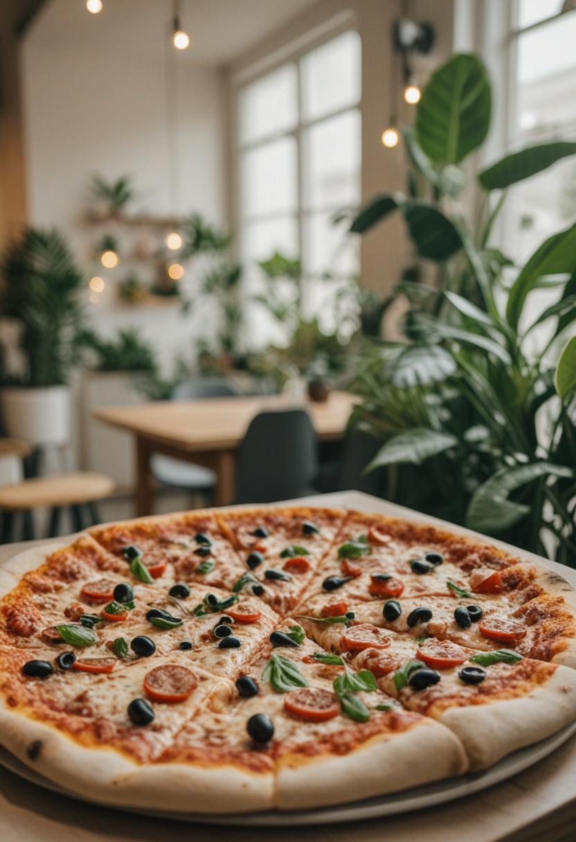 Greens and pizza slices in a cozy, whimsical plant setup.