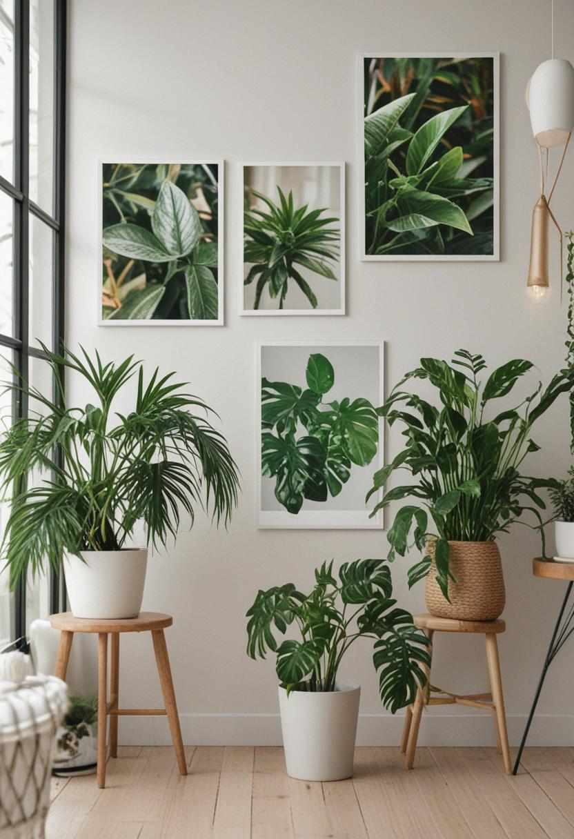 Vibrant posters with lush plant life in a cozy, aesthetic setting.