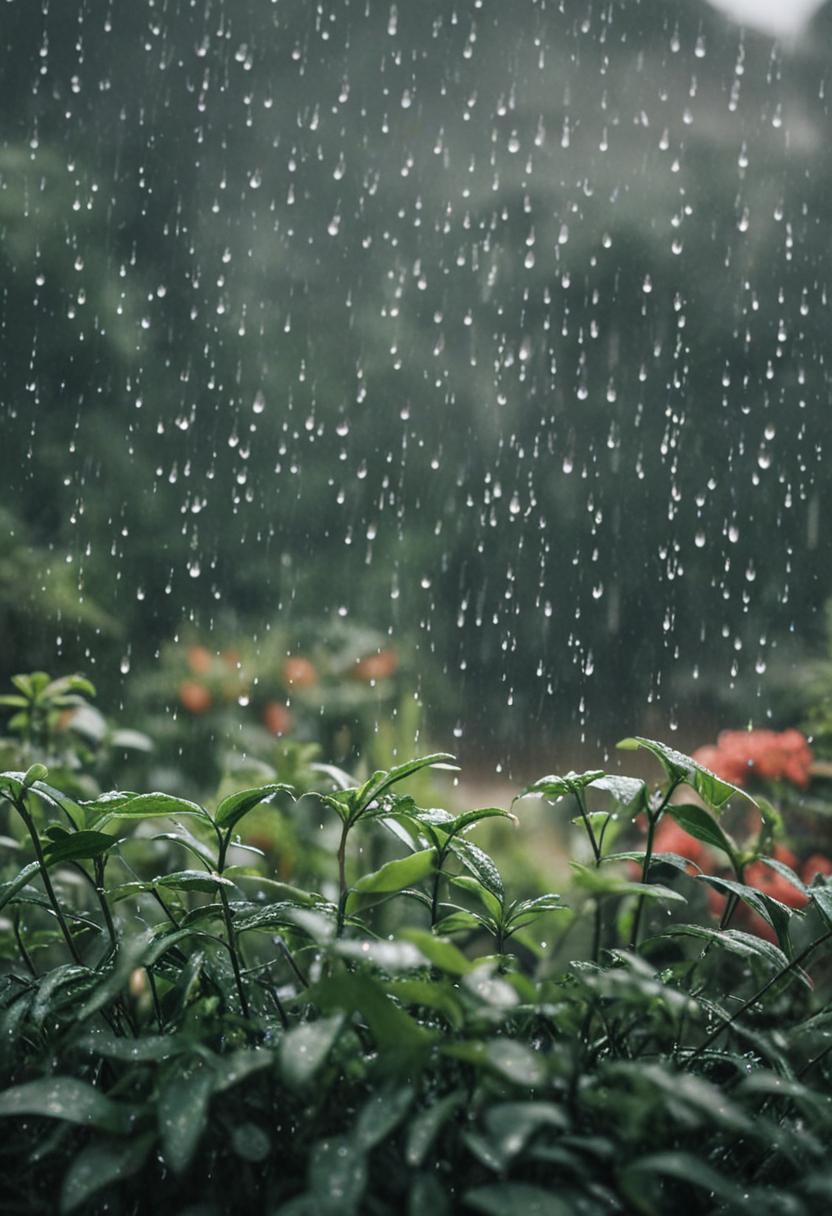 Moisture-drenched greenery in a rainy atmosphere.