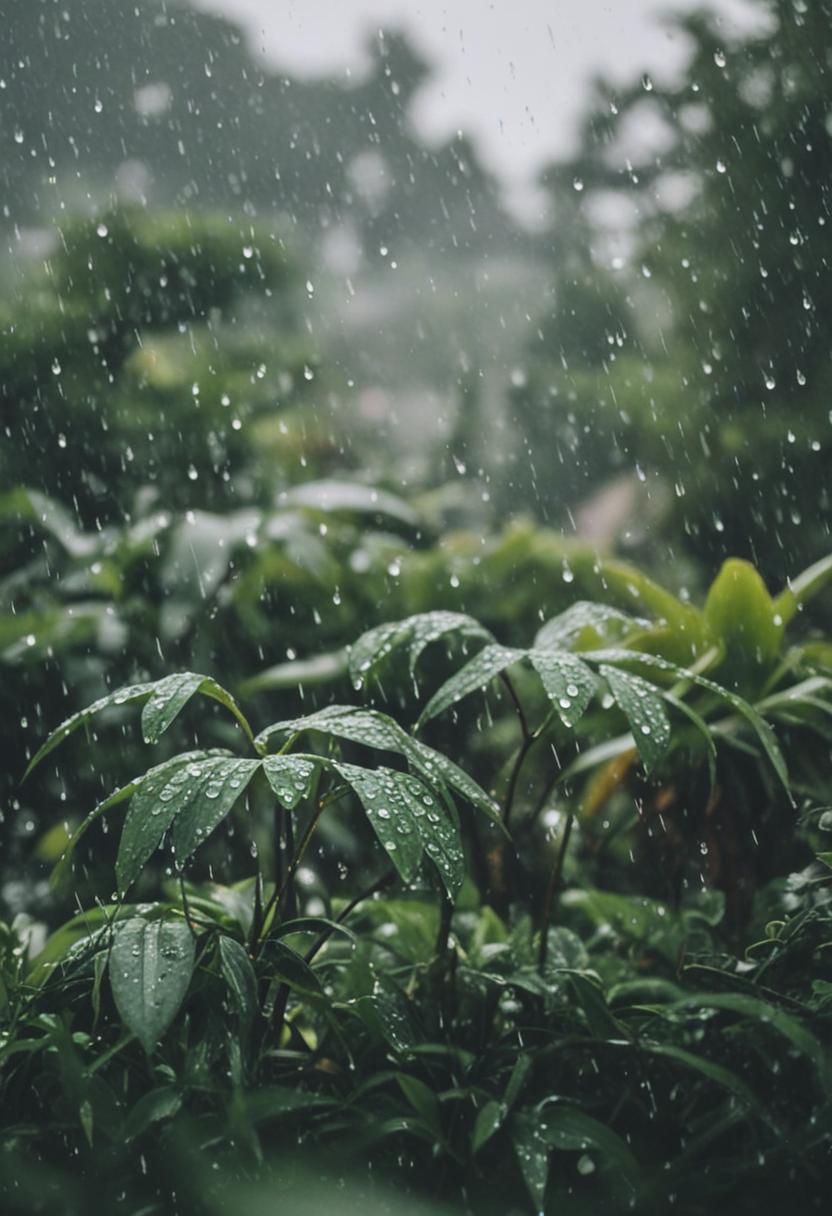 Rainy day plants in a serene, misty atmosphere.