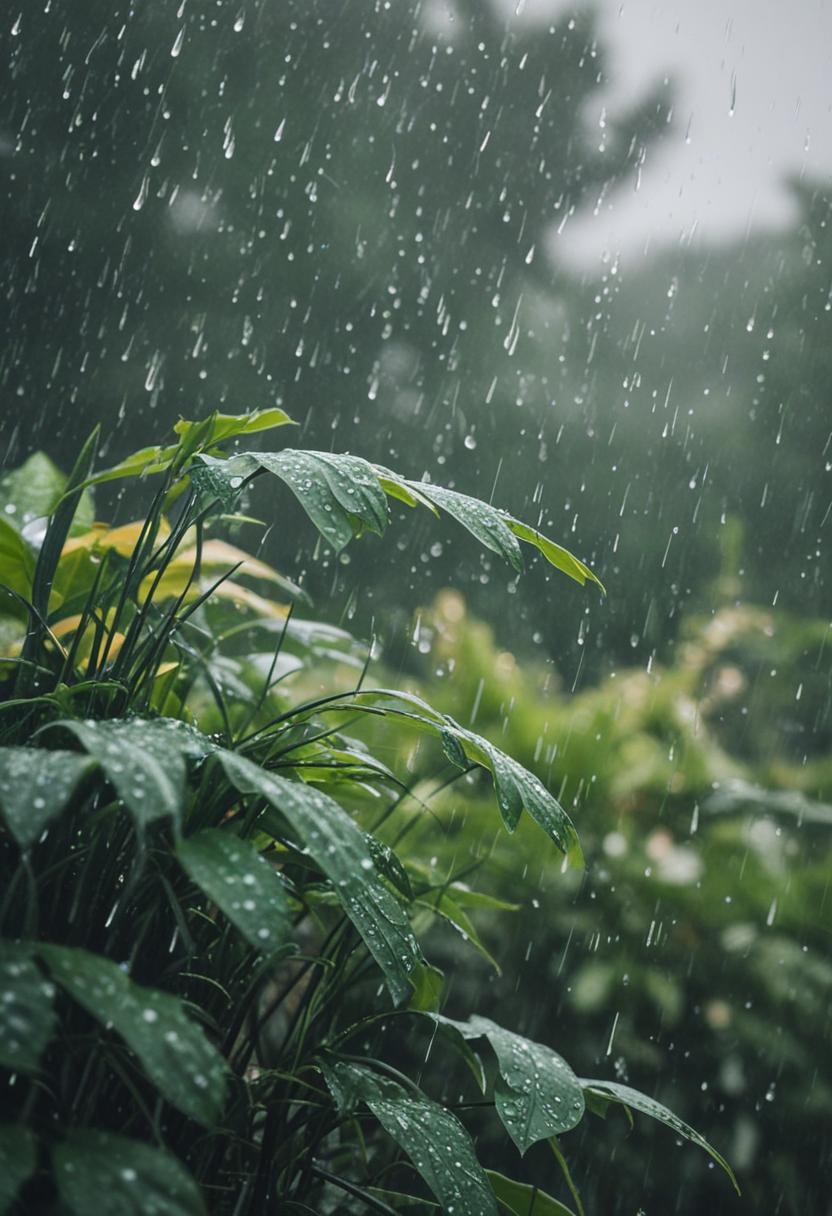 Rainy day plants in a serene, misty atmosphere.