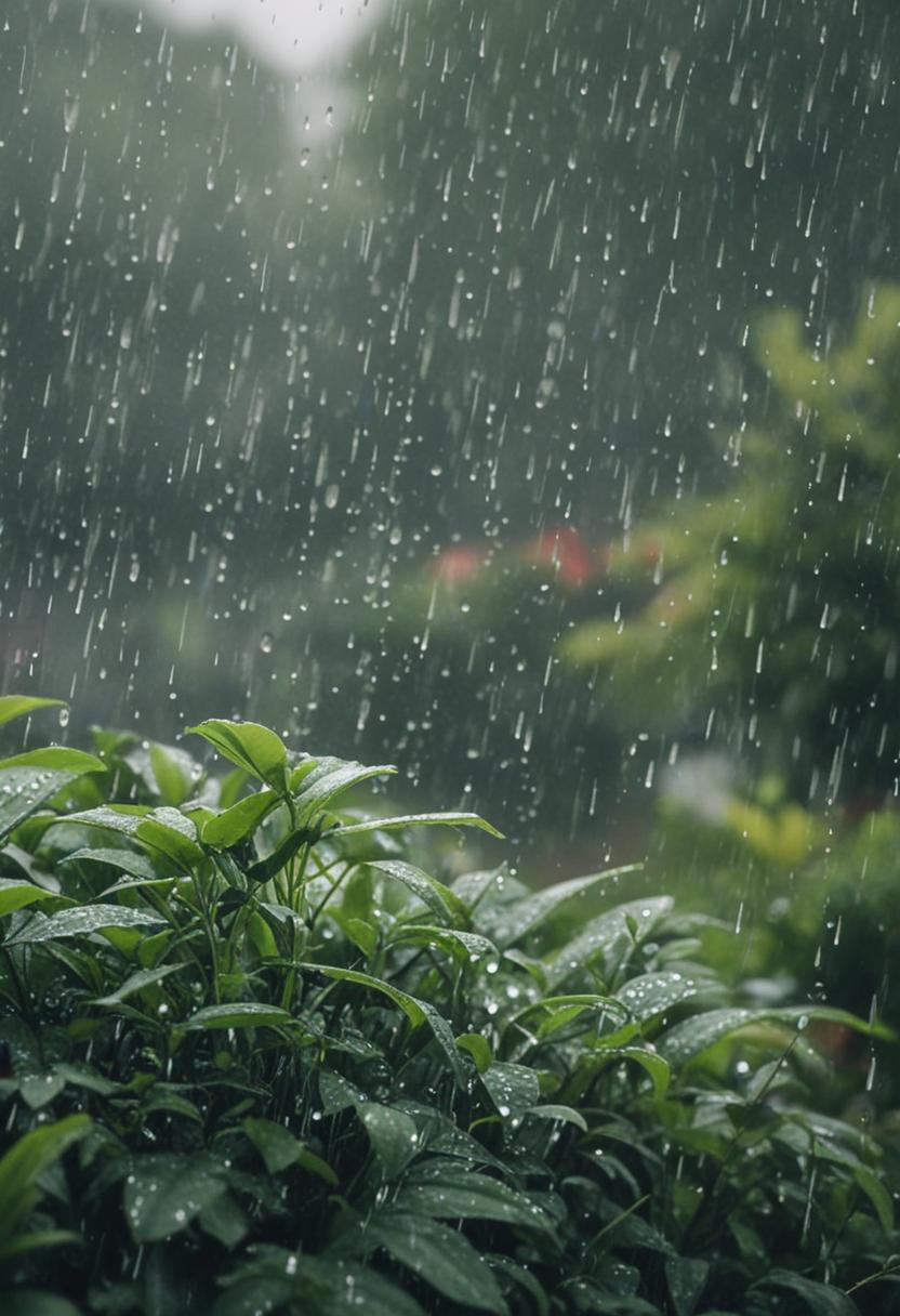 Rainy day plants in a serene, misty atmosphere.