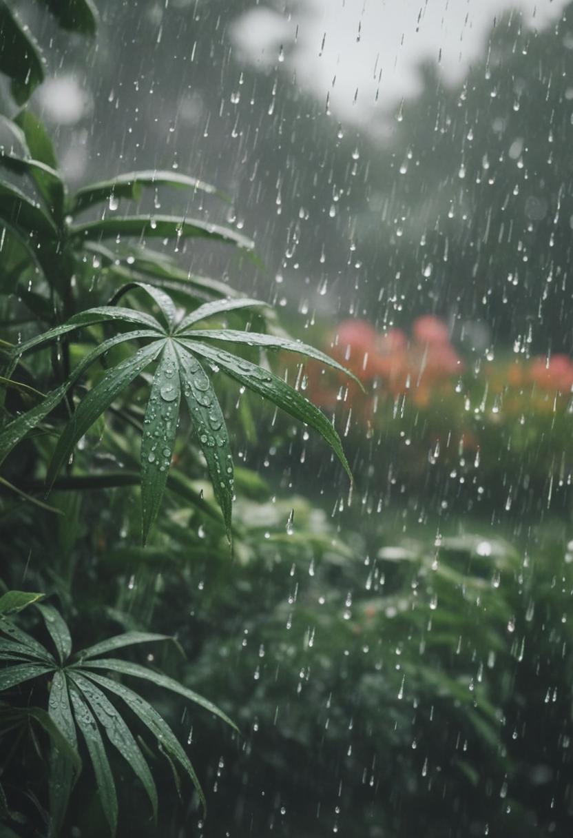 Moisture-drenched greenery in a rain-soaked scene.