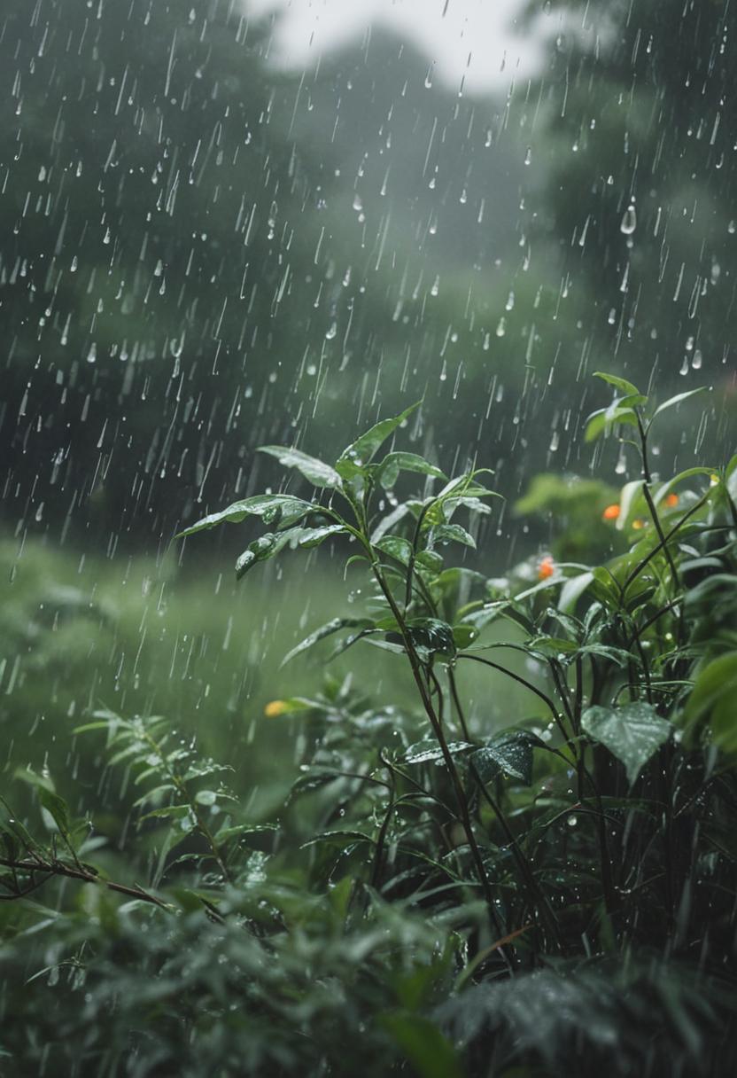 Moisture-drenched greenery in a rainy atmosphere.