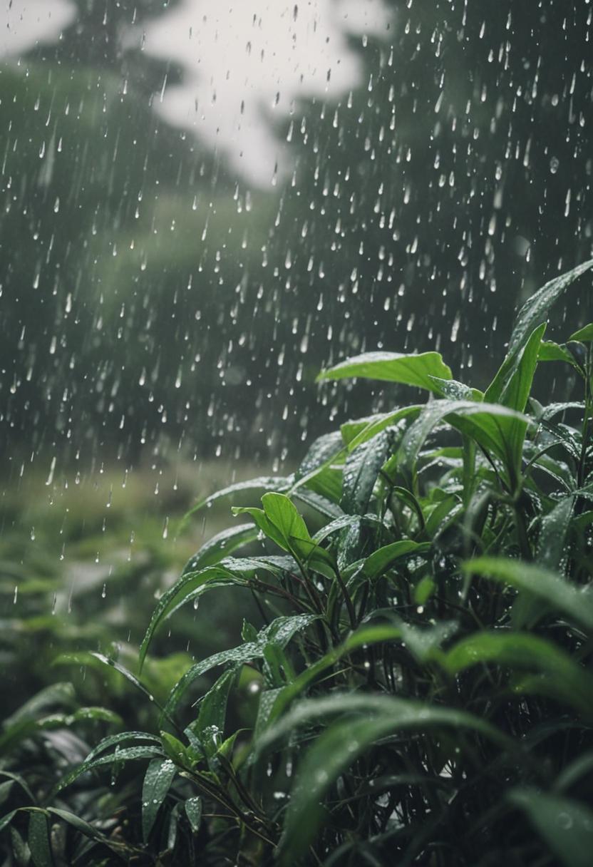 Rainy day vibes with lush green plants.