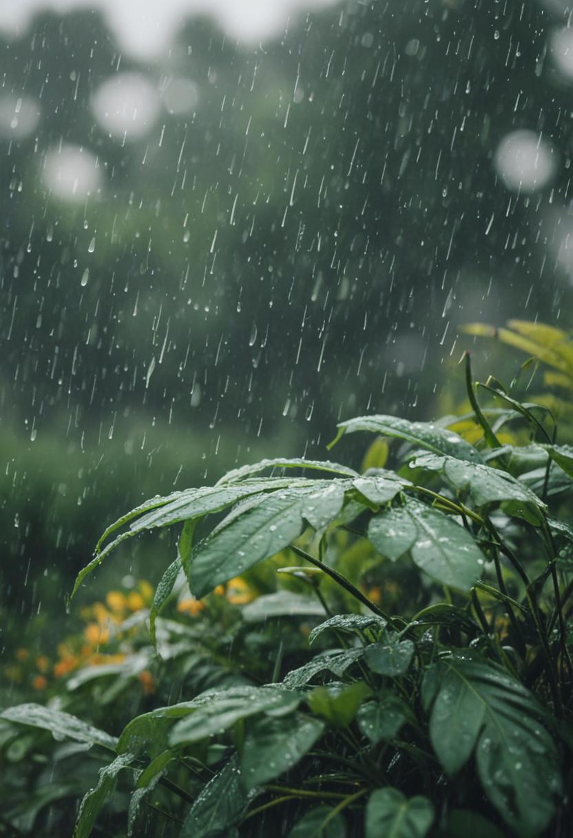 Rainy forest plants in a serene, misty atmosphere.