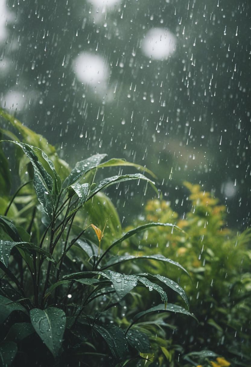 Moist leaves and soft rain create a serene plant scene.