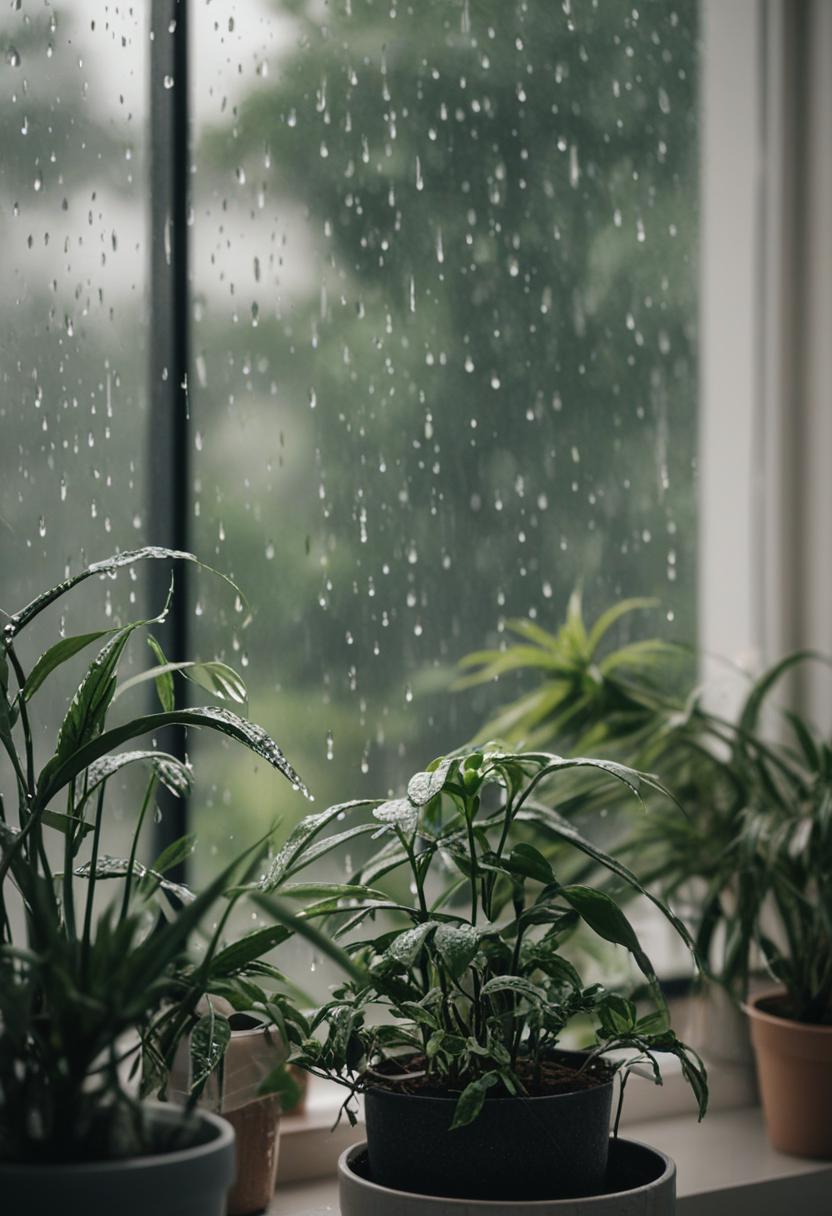 Rainy day vibes with lush green plants.