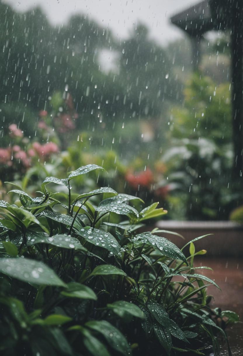Moist leaves, soft light, serene rain.