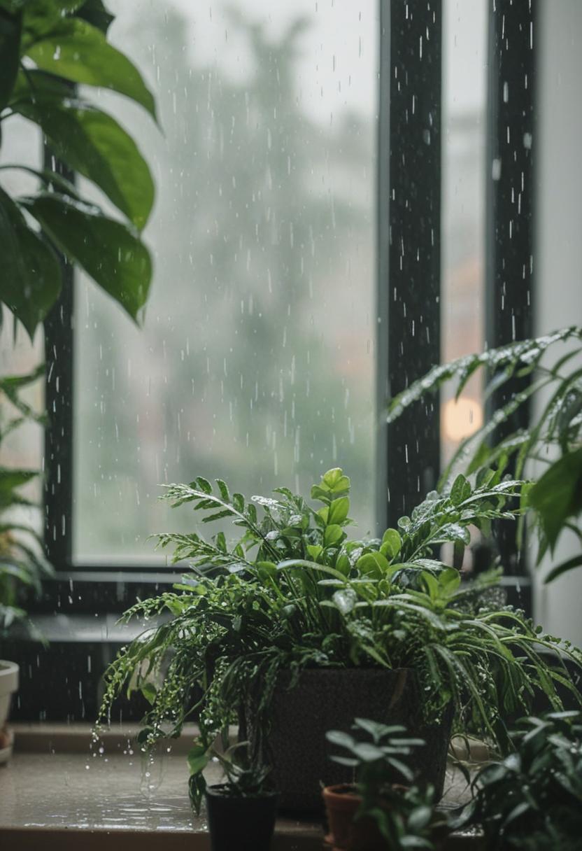 Moist leaves, soft light, peaceful rain.