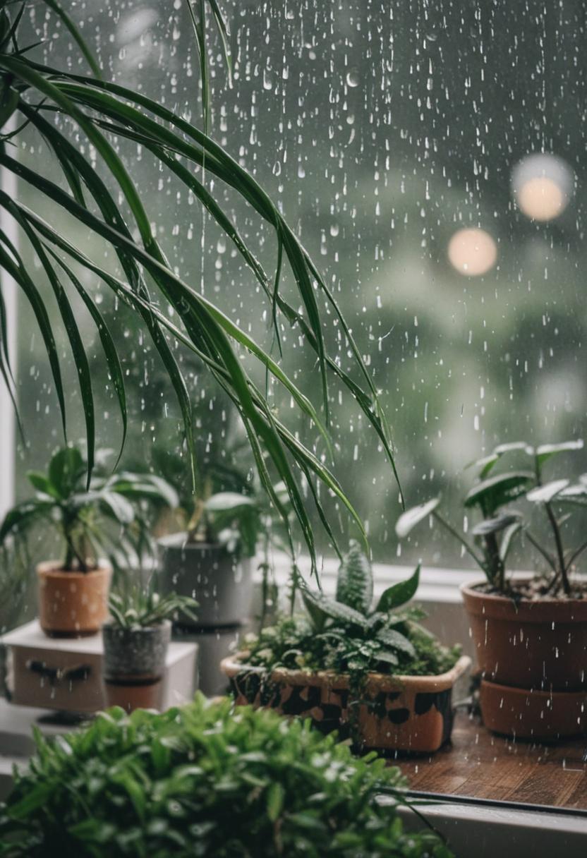 Moist leaves, soft light, serene rain.