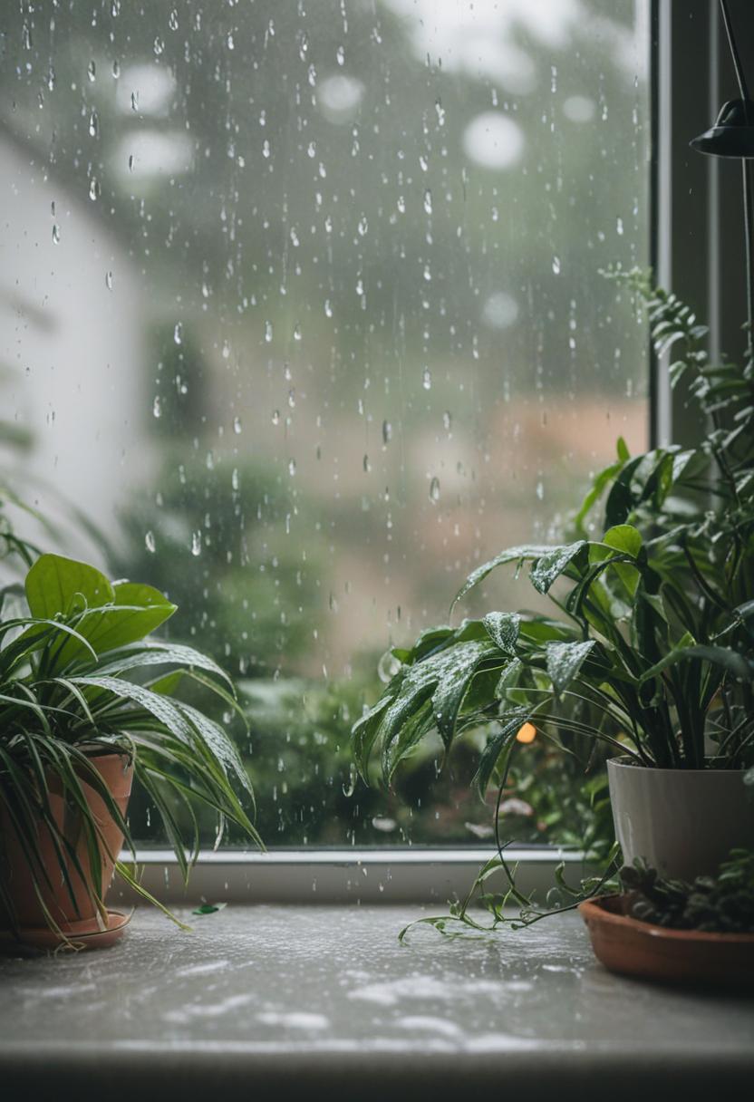 Moist leaves, soft light, serene rain.