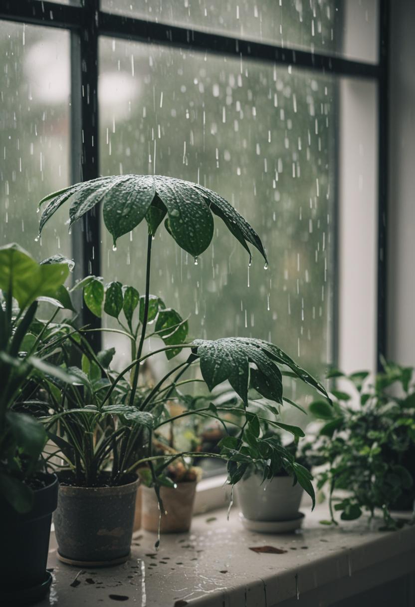 Moist leaves and soft light in a rainy day garden.