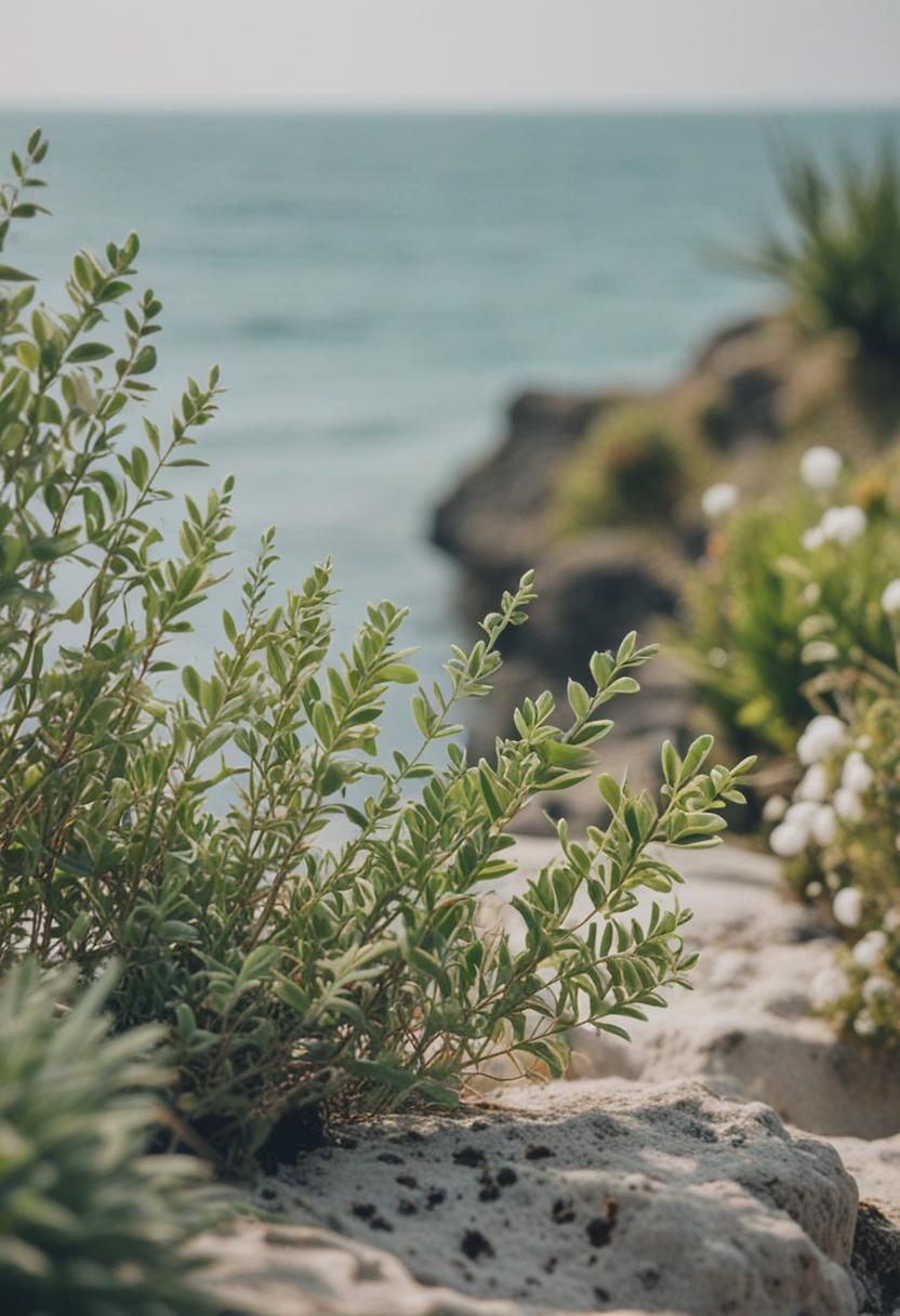 Coastal plants in a serene, sea-inspired setting.
