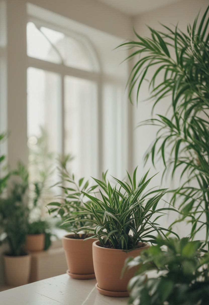 Soft green hues and delicate plants in a calm, serene setting.