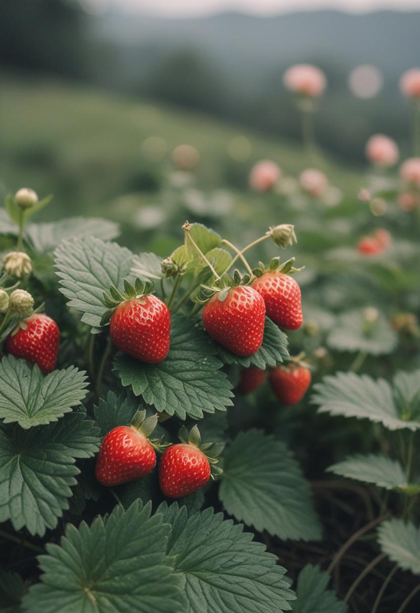 Sweet and vibrant strawberry plants in a cozy aesthetic setup.