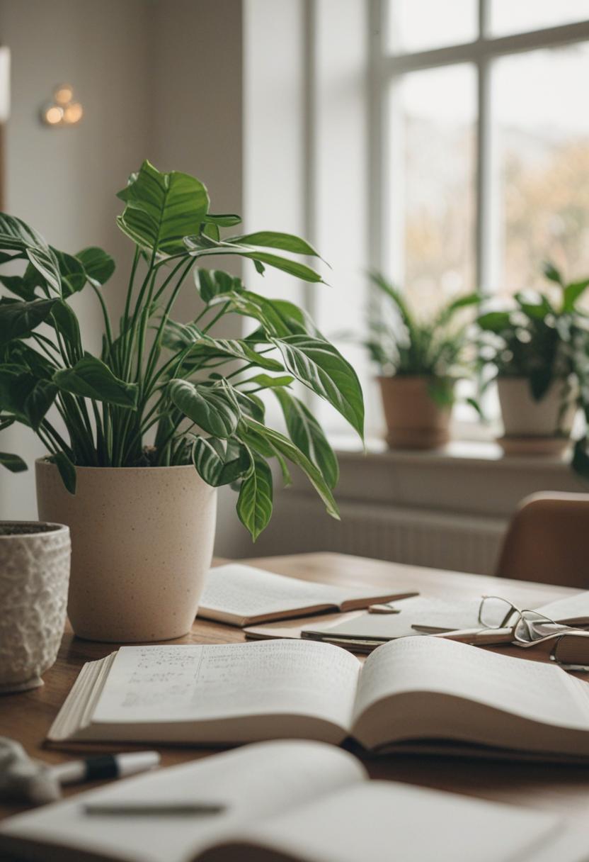 Elegant plants in a study space with soft lighting.