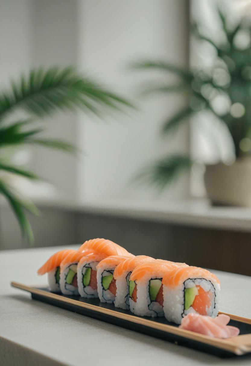 Green leaves in a sushi-themed arrangement.