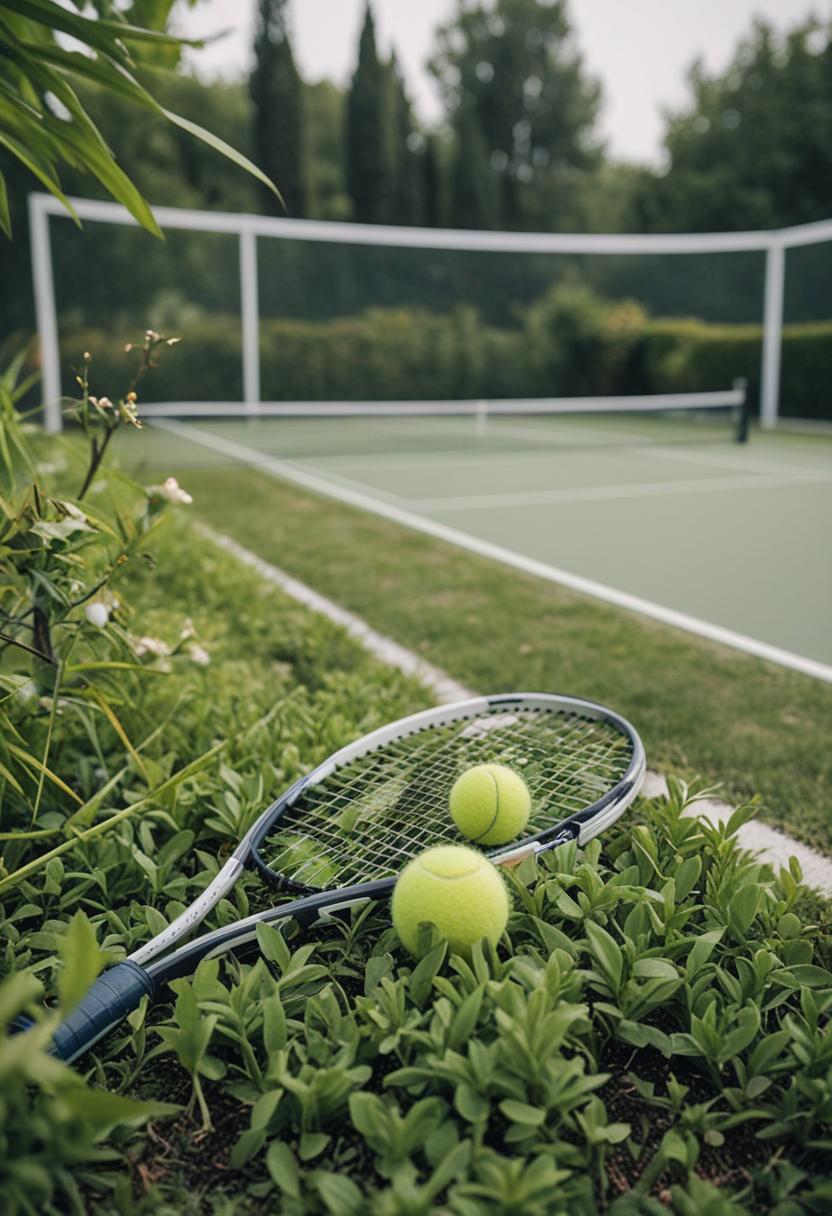 Tennis court greenery with lush plants and natural style.