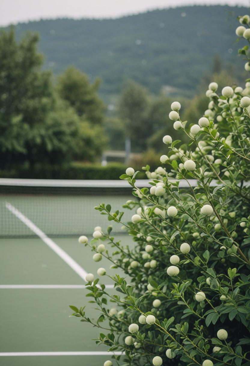 Tennis court greenery with lush plants and vibrant color.