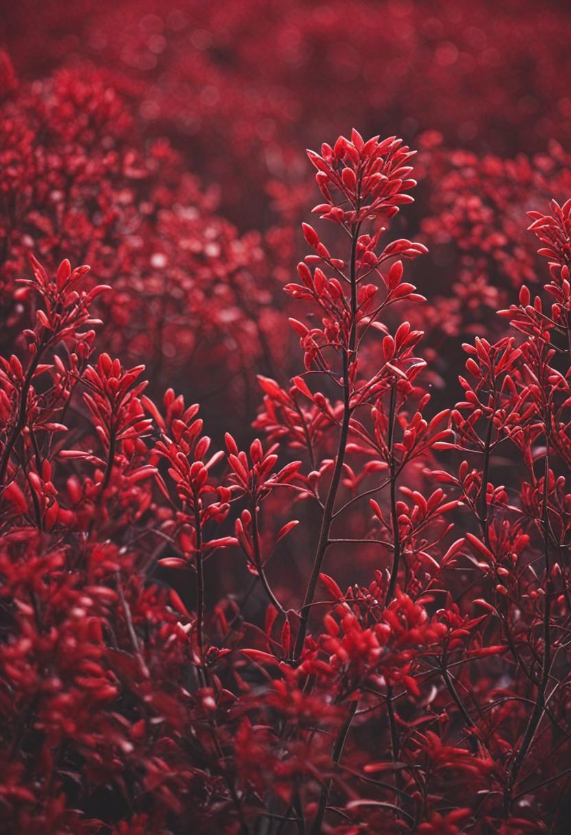 Red backdrop with bold, vibrant aesthetic color.