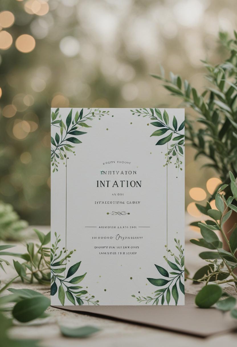 Elegant invitation with plant patterns and floral arrangement.