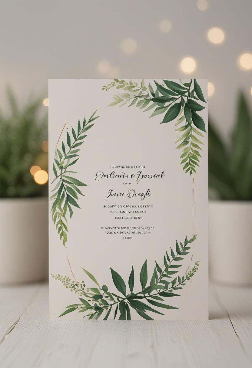 Elegant invitation with plant motifs and ornate details.