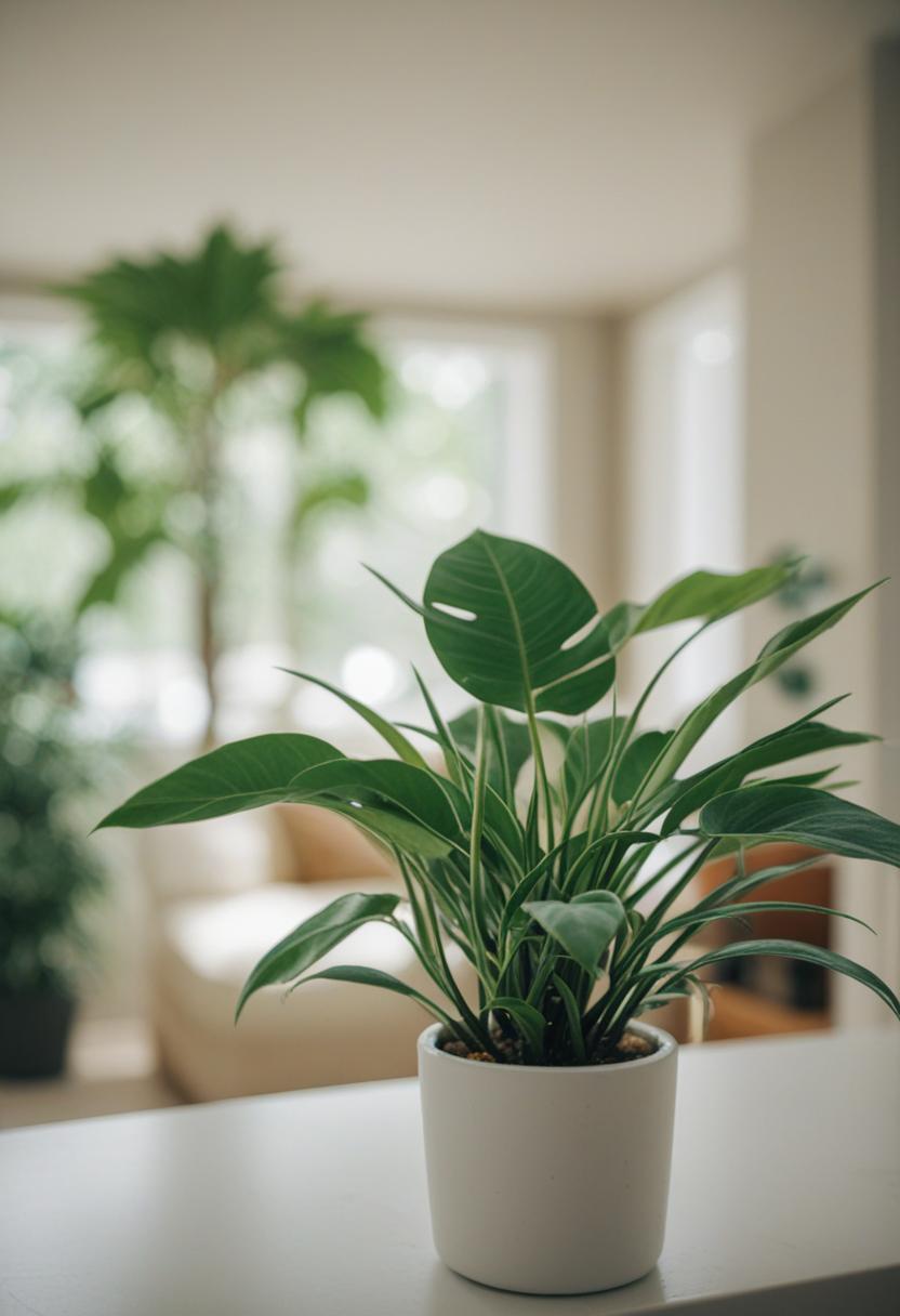 Modern home interior with lush green plants.