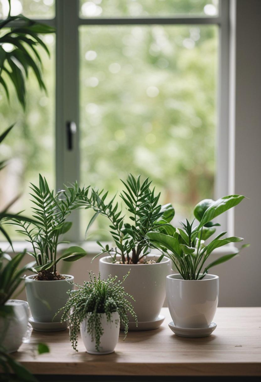 Modern home interior with lush plant arrangements.