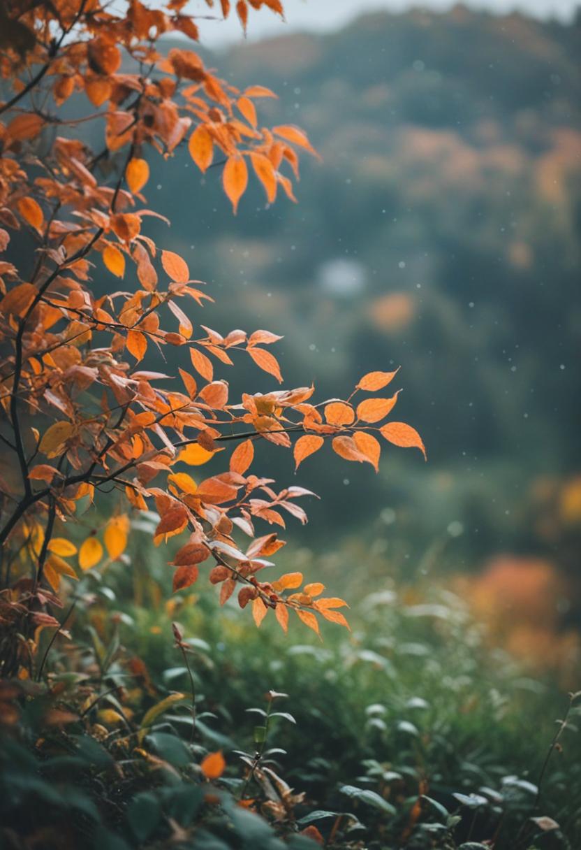 Autumn leaves and plants in a cozy wallpaper scene.