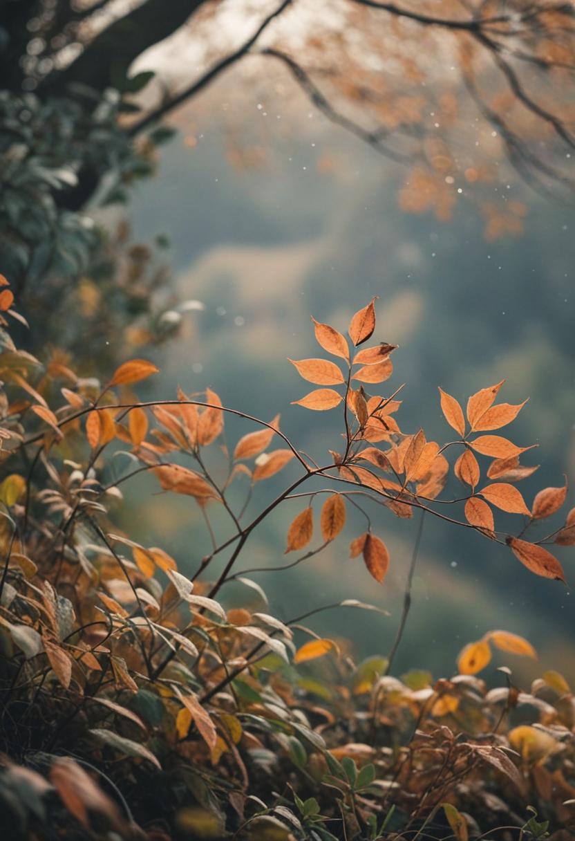 Autumn leaves and plants in a cozy wallpaper scene.