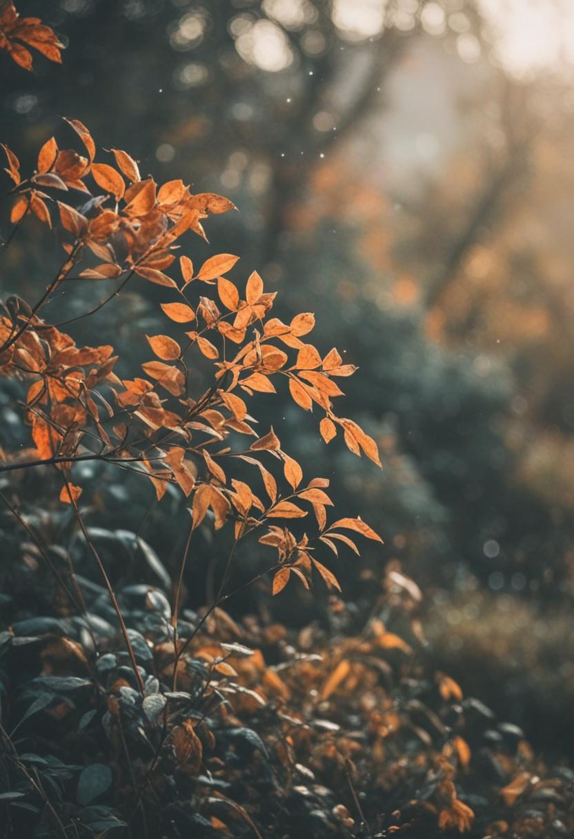 Crisp autumn leaves against vibrant green plants.