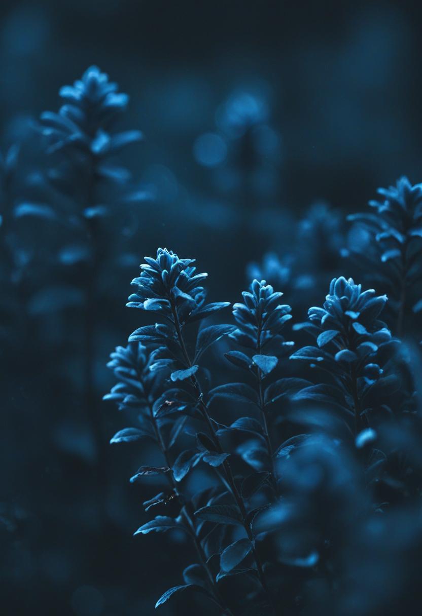 Dark blue wallpaper with green plants.