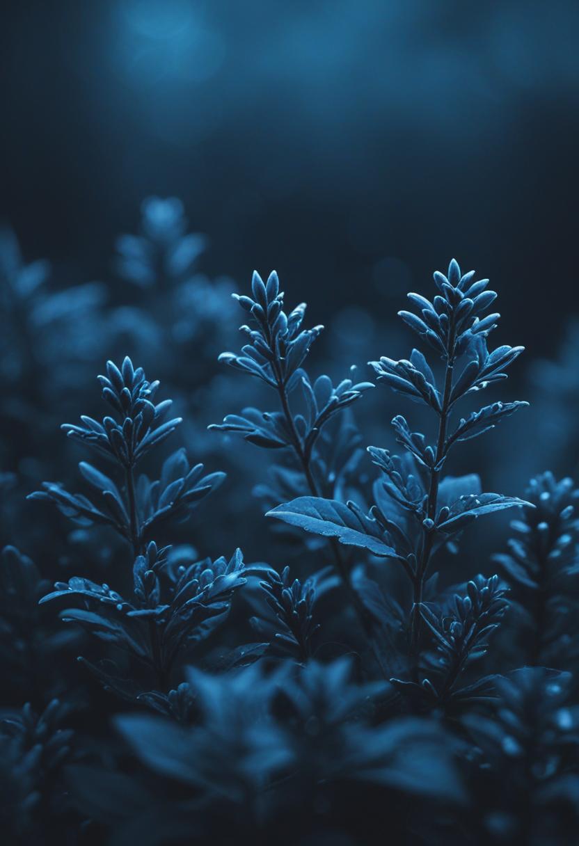 Dark blue wallpaper with green plants.