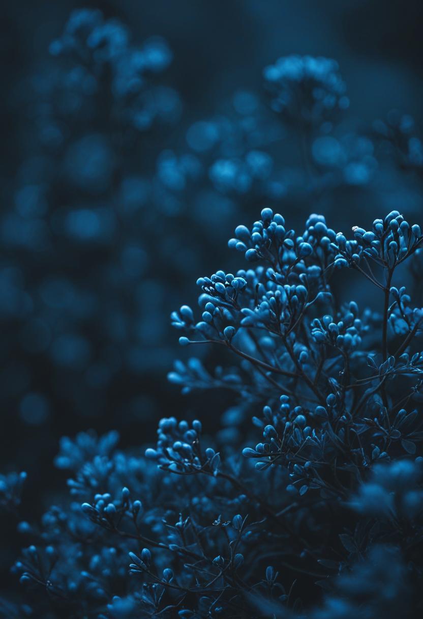 Dark blue wallpaper with lush green plants.